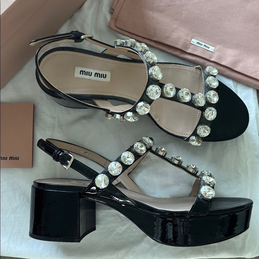 Miu Miu Black and Beige Crystal platform heels - Picture 3 of 5